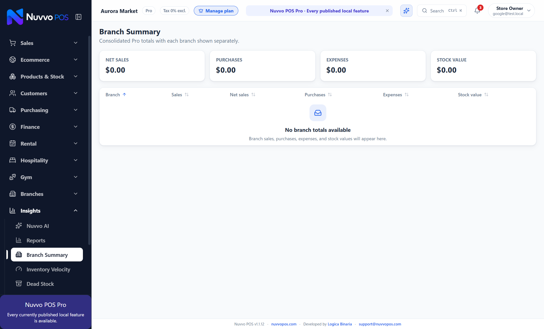 Multi-Branch Operations screen in Nuvvo Omni